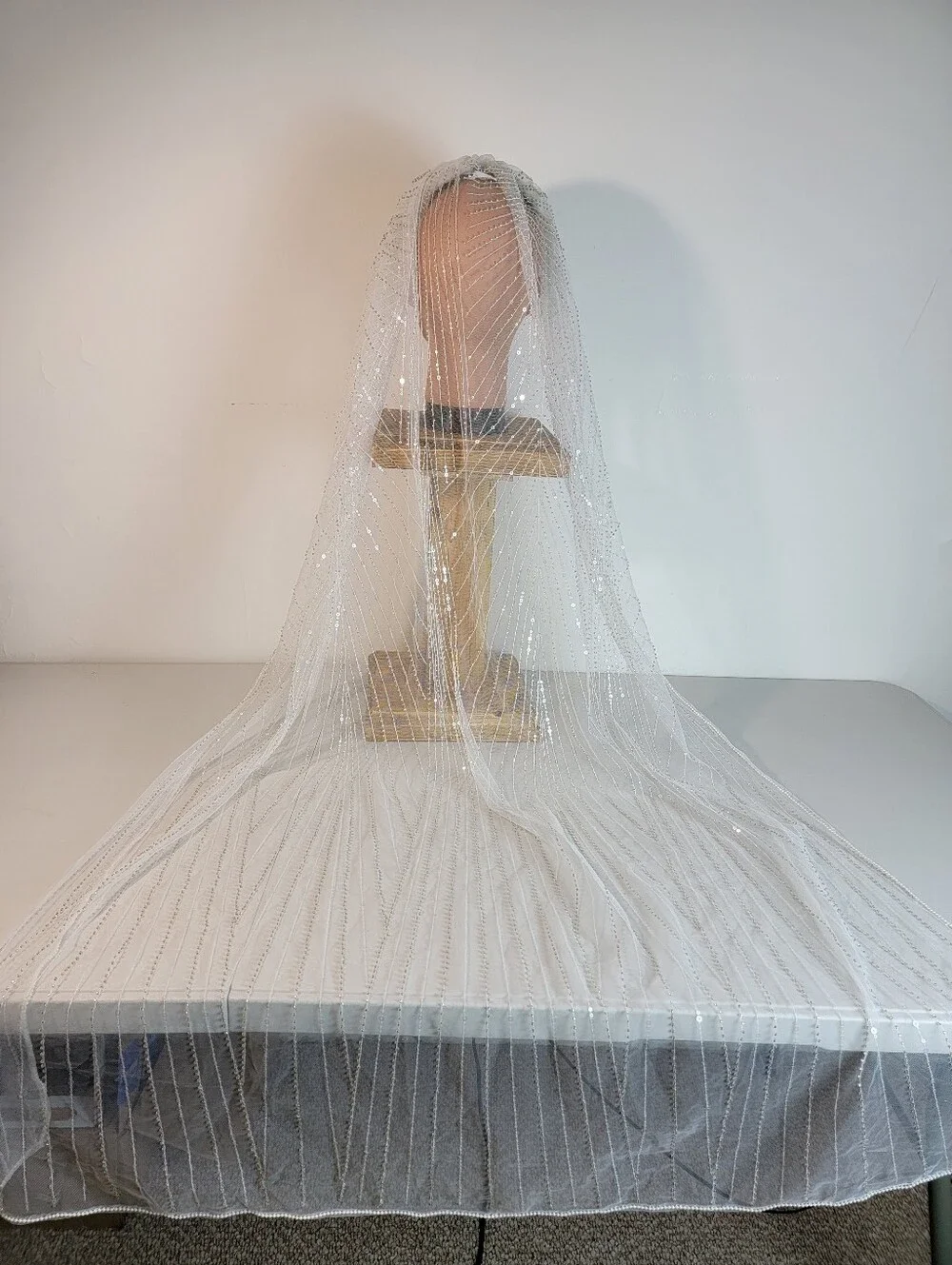 White Tulle Net Ballet Length Veil W/ Faux Pearl Edge, Sequins, Beads, & Comb
